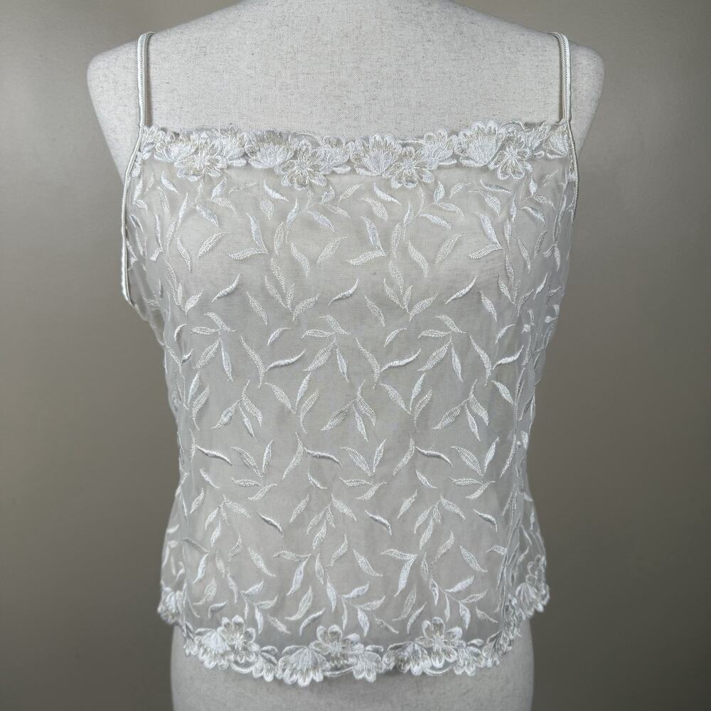 Wonderbra Sheer Lace Cami White Floral Embroidered Mesh Tank Top Y2K Lingerie XL